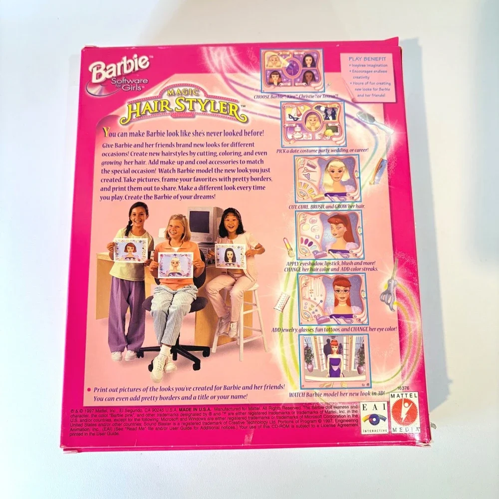 Vintage 1997 Barbie Magic Hair Styler PC CD-ROM Big Box Windows 95 16376 Mattel